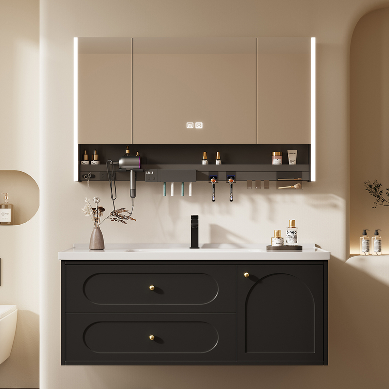 Modern Minimalist Wall-Mounted Bathroom Cabinet Combination with Integrated Ceramic Basin and Mirror Cabinet, Modern Minimalist Black Washbasin