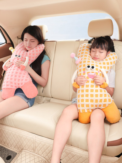Car Pillow, In-Car Children's Cushion, Front and Rear Seat Sleeping Aid, Pair of Cartoon Sleeping Pillows, Neck Protection Pillow