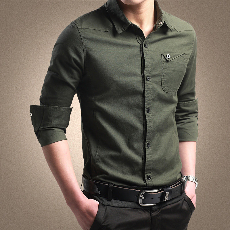 Button-Down Shirt for Men, Long-Sleeved, Autumn Korean Style, Slim Fit, Pure Cotton Shirt, Casual Workwear, Hidden Button Half-Sleeve Shirt