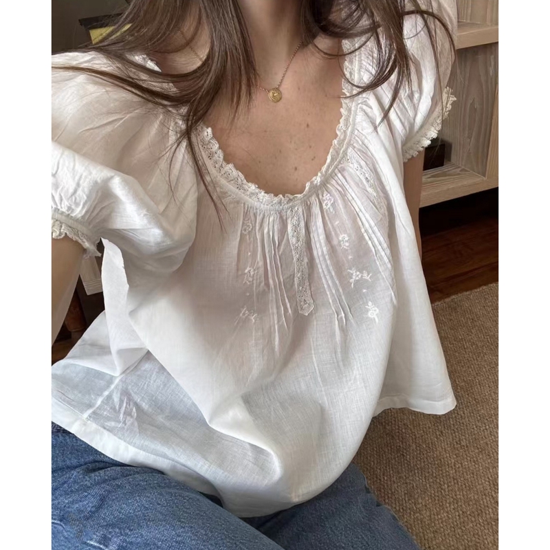 Heavy-Duty Fabric | Doen Organic Cotton Lace Trim French Puff Sleeve Top Handmade Lightweight Shirt Heavy-Duty Fabric | Doen Organic Cotton Lace Trim French Puff Sleeve Top Handmade Lightweight Shirt