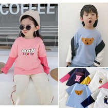 Childrens long sleeve T-shirt fake two pieces 2020 new autumn girls cotton stitching top bear boys foreign gas