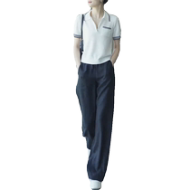 Fashionable half-zip lapel short-sleeved sports suit for women 2024 summer thin slim casual trousers two-piece set