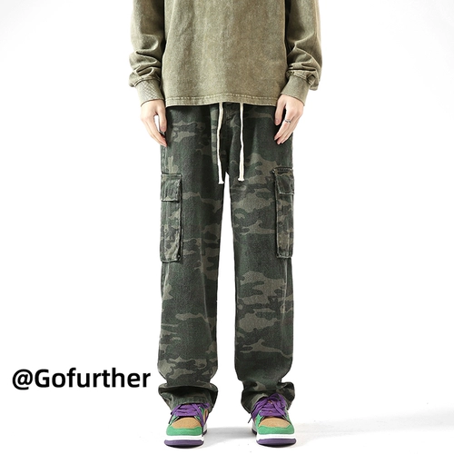 Камуфляжные демисезонные брендовые хлопковые штаны, свободный прямой крой, в американском стиле