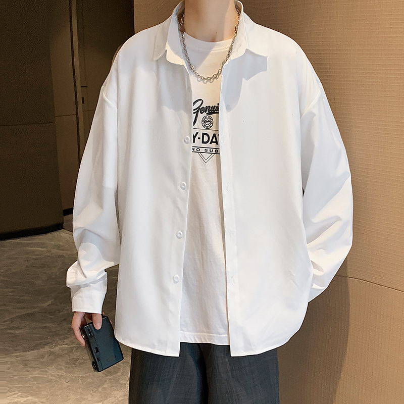 Long-Sleeved Shirt for Men, Spring and Summer Casual Loose Harajuku Style White Shirt, Hong Kong Style Trendy Brand, Trendy Large Size Handsome Jacket