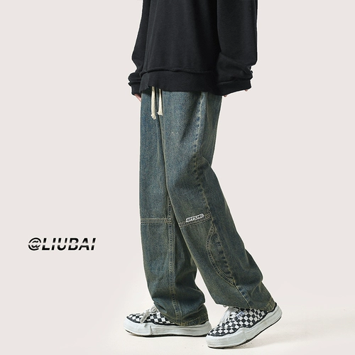 Tide, летние черные джинсы, штаны, свободный прямой крой, в корейском стиле