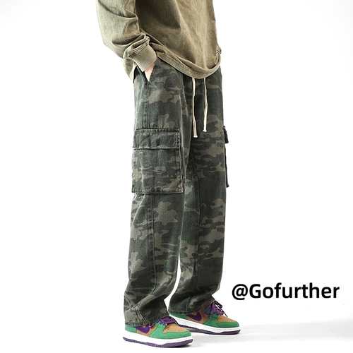 Камуфляжные демисезонные брендовые хлопковые штаны, свободный прямой крой, в американском стиле