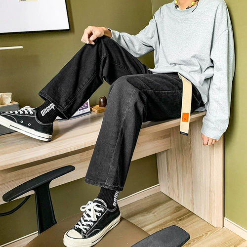 Осенние трендовые джинсы, однотонные штаны для отдыха, свободный прямой крой, в корейском стиле