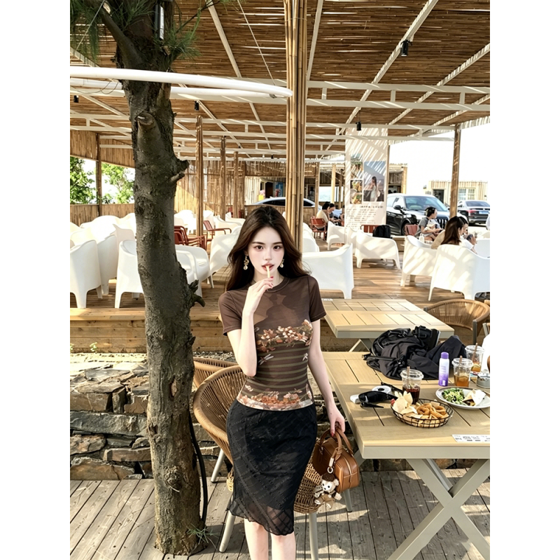 脱脂女孩自制~时尚印花网纱T恤女复古短款修身圆领正肩短袖上衣潮