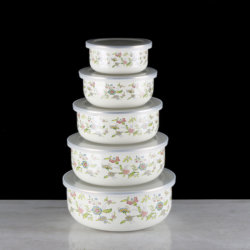 Enamel Bowl with Lid 3-Piece Set, Fresh-Keeping Bowl, Enamel Lunch Box, Old-Fashioned Set, Nostalgic Instant Noodle Bowl, Fruit and Vegetable Box, with Rice Container