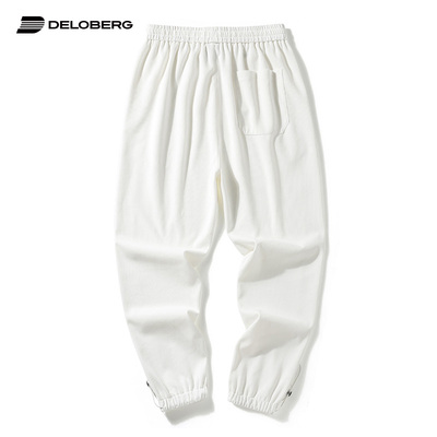 DELOBERG夏季休闲裤男薄款冰丝长裤纯白色弹力松紧腰系带束脚卫裤