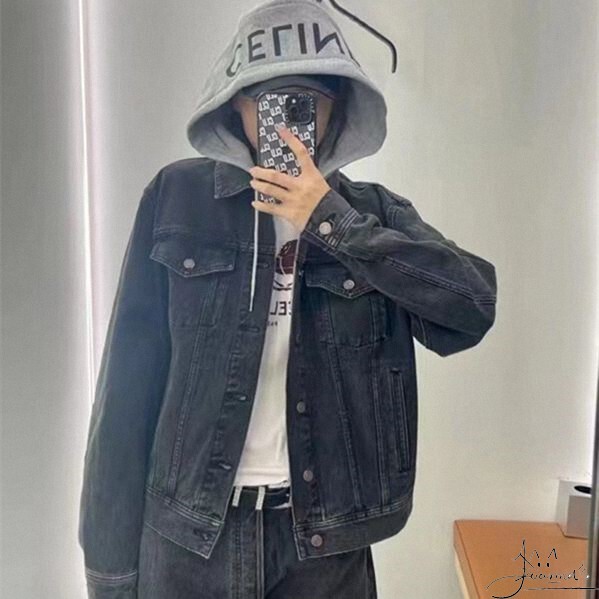 Celine Celine's New Classic Double-Pocket Patchwork Letter-Print Color-Block Hooded Denim Jacket for Men and Women