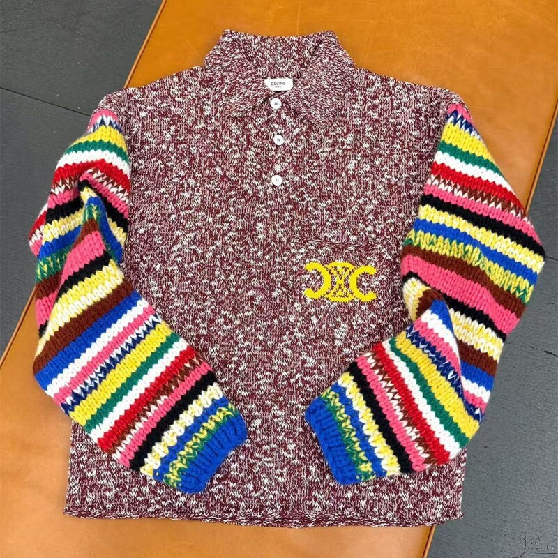 Celine Celine's New Classic Arc De Triomphe Embroidered Letter Logo Rainbow Striped Sleeve Sweater for Men and Women Celine Celine's New Classic Arc De Triomphe Embroidered Letter Logo Rainbow Striped Sleeve Sweater for Men and Women