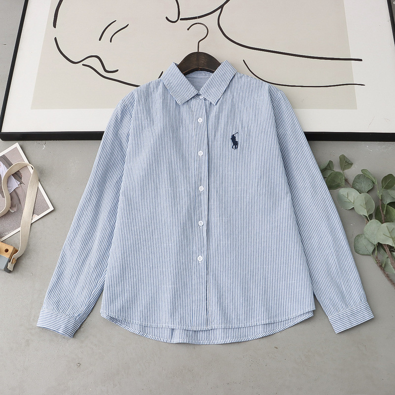 New Long-Sleeved Design, Niche Retro Versatile Shirt Top for Women, Pure Cotton Oxford Fabric, Blue Vertical Striped Shirt