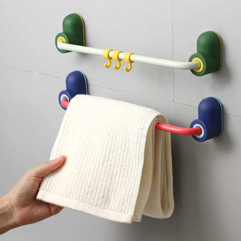 Towel rack free punch toilet bathroom hanger bath towel rack creative cute towel rack hook single rod towel rail