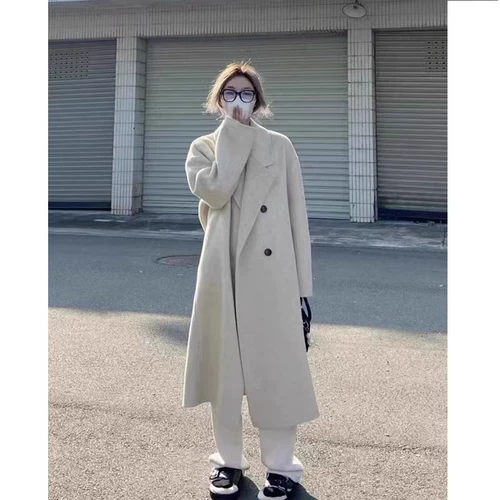 Длинное демисезонное шерстяное пальто, изысканный стиль, коллекция 2023, средней длины, увеличенная толщина