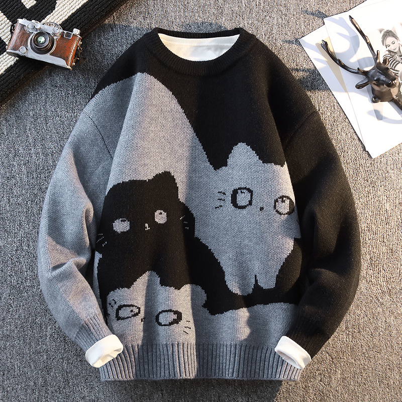 Cute Cartoon Cat Round-Neck Sweater for Men, New Autumn and Winter Knitwear for Teenagers and Students, Warm Inner Wear Top