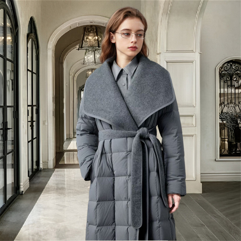 High-End Goose down Jacket for Women 2025 Winter New Style Wool Large Lapel Tie 90% White Goose down Long Coat