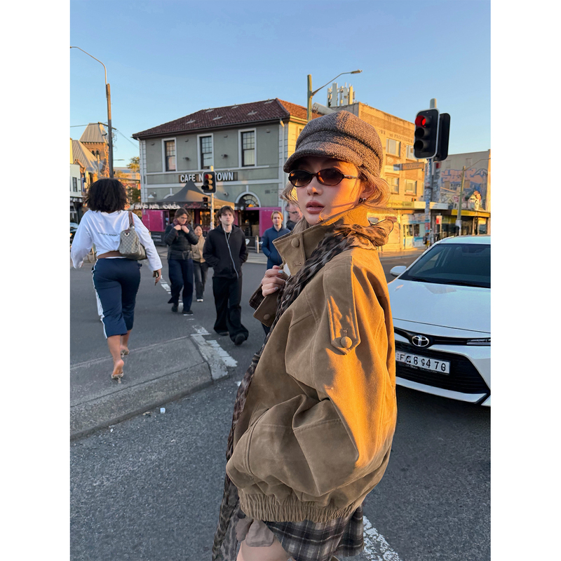Xinlei Lin Street Style American Retro Suede Pu Lychee Pattern Loose Short Motorcycle Jacket Leather Coat Xinlei Lin Street Style American Retro Suede Pu Lychee Pattern Loose Short Motorcycle Jacket Leather Coat