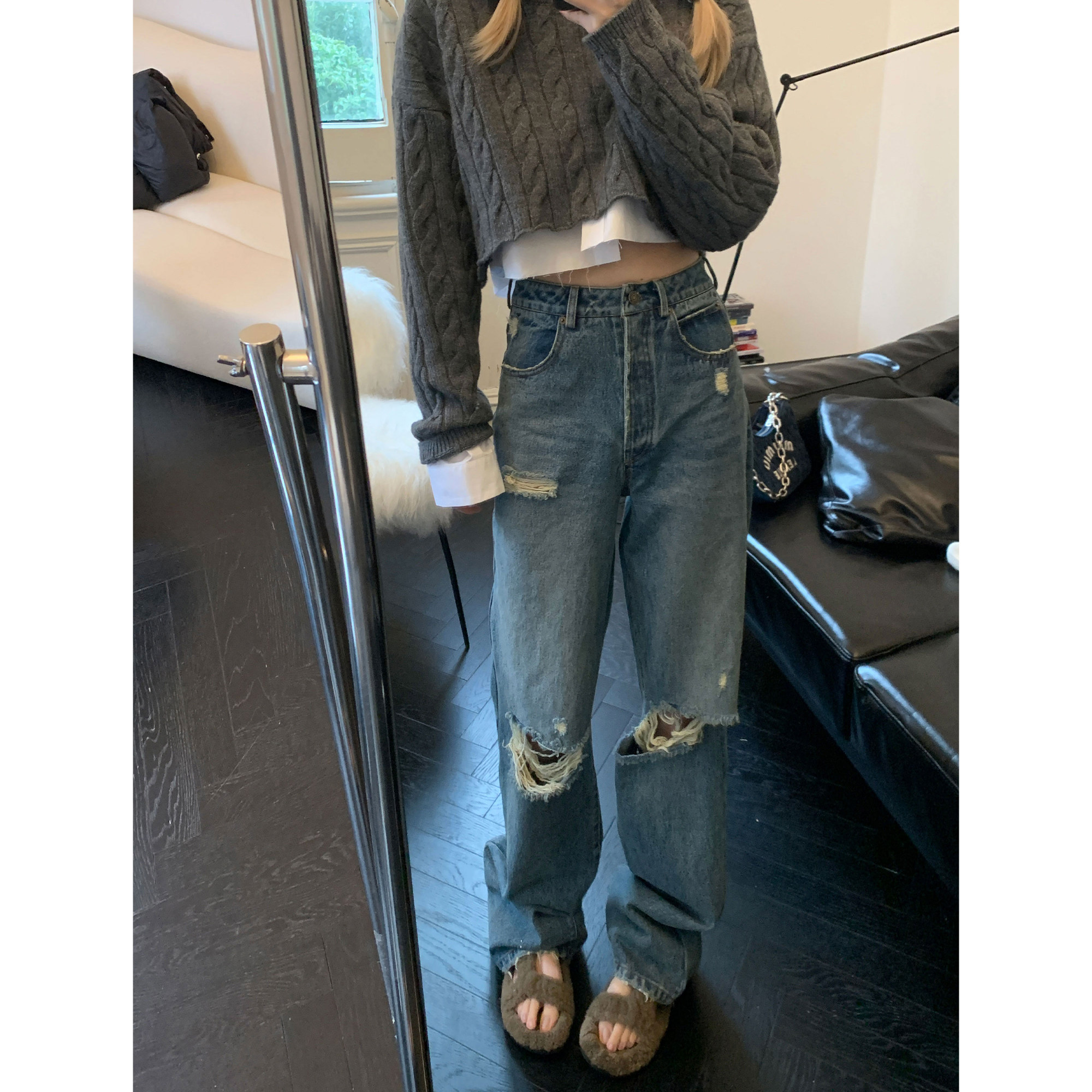 Xinlei Lin2022 spring new blue display slim tall waist lengthened tug wide leg breaking straight barrel jeans female