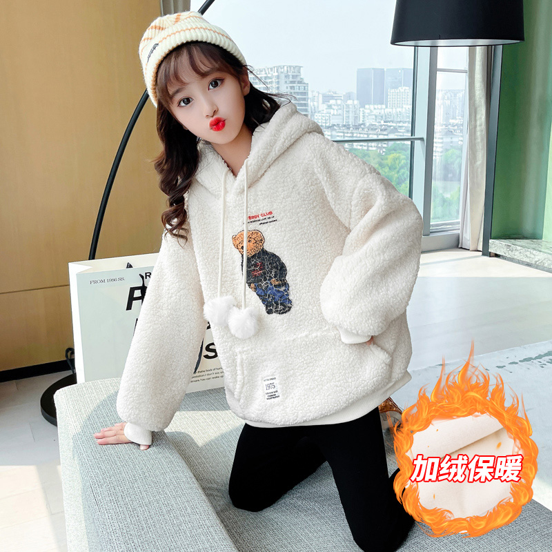 Girls' lamb wool sweater plus velvet thickening children's 2022 autumn and winter middle-aged children's Western style loose lamb velvet top