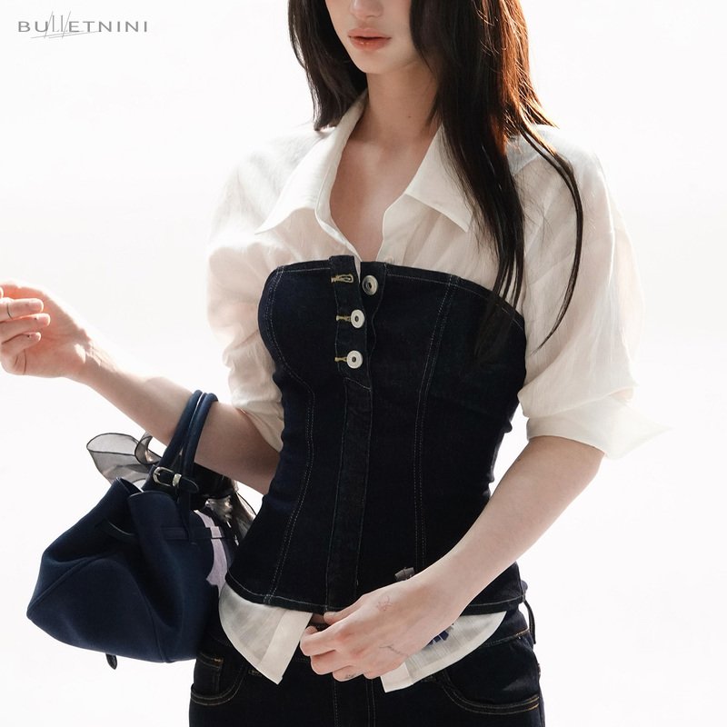 Bulletnini Shirt Denim Tube Top Two-Piece Set Office Siren Style High Intelligence Sister Style Slim Fit Low-Rise Jeans Bulletnini Shirt Denim Tube Top Two-Piece Set Office Siren Style High Intelligence Sister Style Slim Fit Low-Rise Jeans