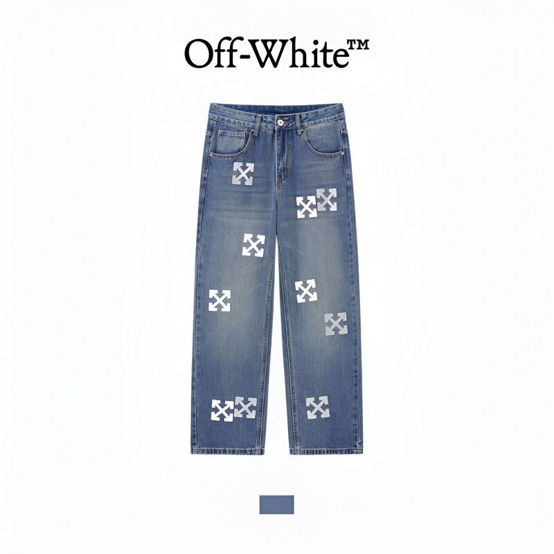 【Official Genuine】Off-White Jeans for Men and Women, Couple's Arrow Design, Thick Leather Label, Heavy Washed Long Pants