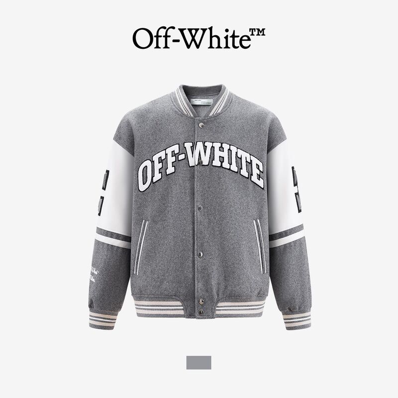 [Official Authentic Product] Off-White Baseball Jacket Sheep Wool Sports Stand Collar Loose Towel Embroidery Coat