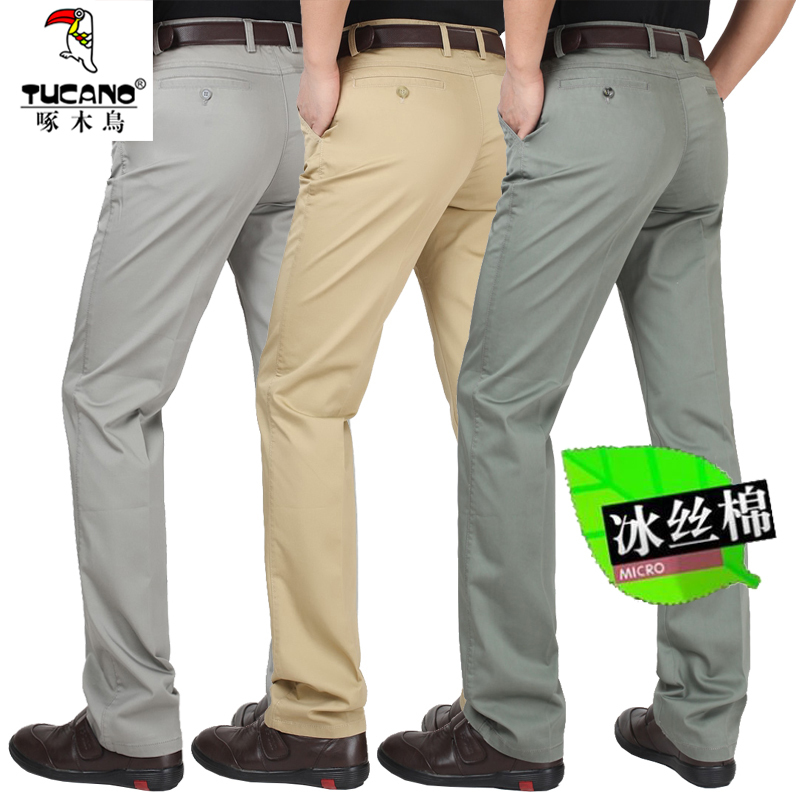 Woodpecker Summer Thin Ice Silk Cotton Trousers Men's Straight Casual Pants High-Waisted Loose Middle-Aged Summer Wear Dad Pants