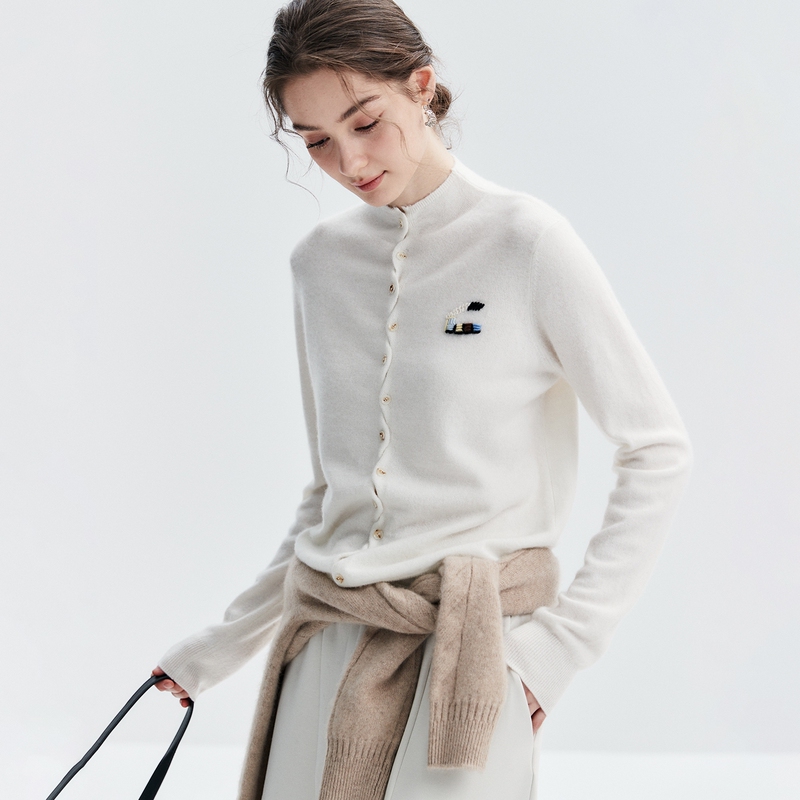 Consinee Yarn~100% Pure Cashmere Cardigan for Women, Autumn and Winter Stand-Up Collar Sweater Coat, Embroidered Knitwear, Loose Fit Consinee Yarn~100% Pure Cashmere Cardigan for Women, Autumn and Winter Stand-Up Collar Sweater Coat, Embroidered Knitwear, Loose Fit