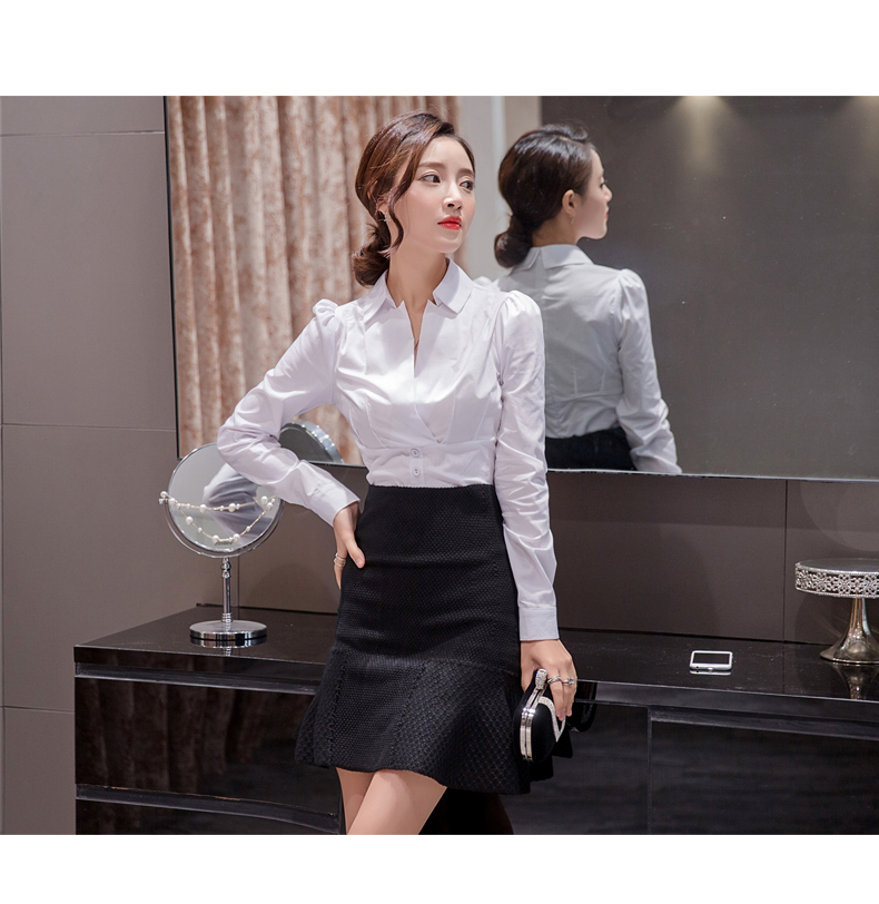 润 2018 xuân hè mới áo cổ chữ V dài tay áo khí chất nữ sành điệu áo trắng Han Fan áo chuyên nghiệp áo sơ mi nữ hàn quốc