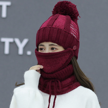 Hat female winter warm plus velvet thickened wool knitted hat scarf three-piece Korean tide cold hat