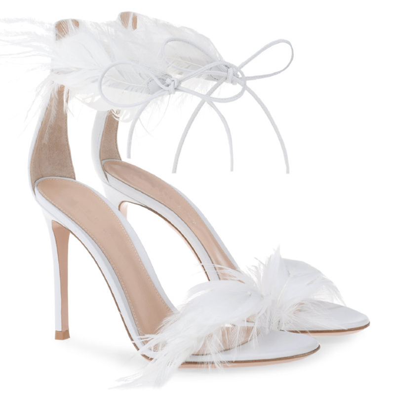 Feather Strap High Heels Women's Stiletto Open Toe European and American Summer New Style Banquet Sexy Catwalk One-Strap Sandals Women