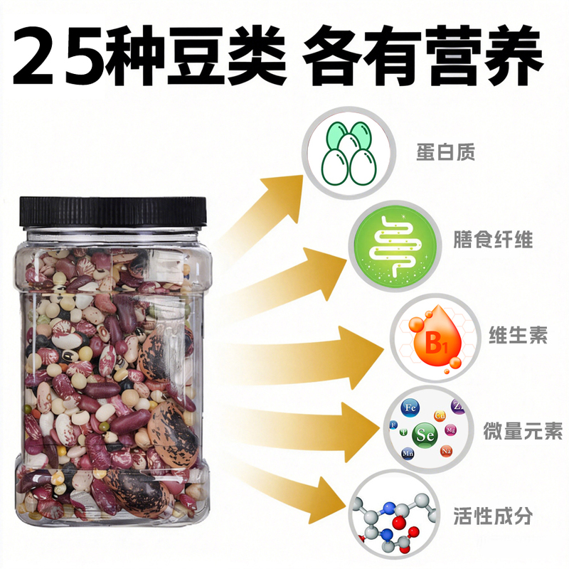 Selection of 25 Types of Nutritious Grains and Legumes, Including Mixed Beans, Whole Grains, Soybeans, Cowpeas, and Kidney Beans