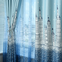 卡通儿童房蓝色城堡窗帘卧室全遮阳特价