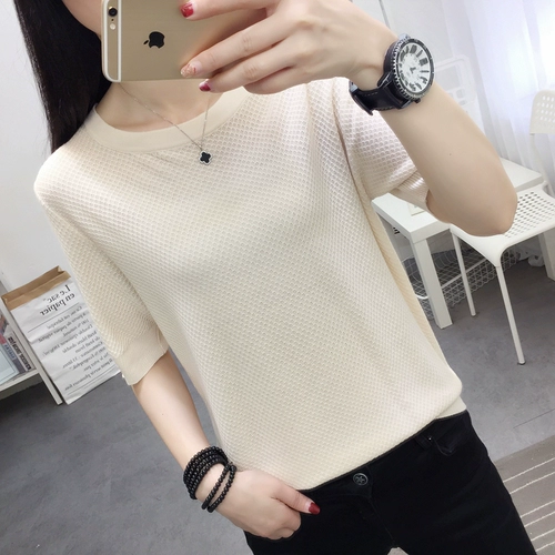 Летняя шелковая летняя одежда, трикотажная тонкая футболка, оверсайз, круглый воротник, короткий рукав