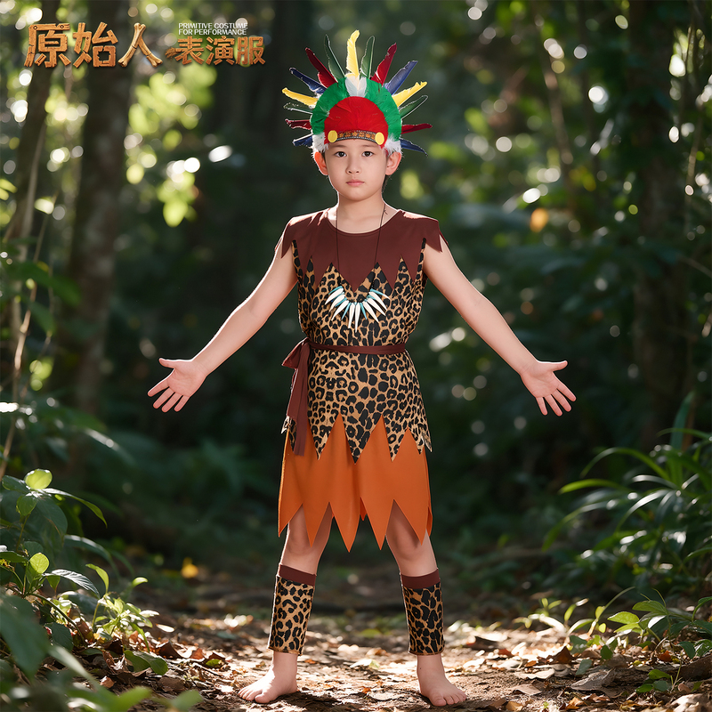 New Native American Chief Costume for Kindergarten, Indigenous Hunter Leopard Print Performance Outfit, African Drum Mountain Trek Performance Costume New Native American Chief Costume for Kindergarten, Indigenous Hunter Leopard Print Performance Outfit, African Drum Mountain Trek Performance Costume