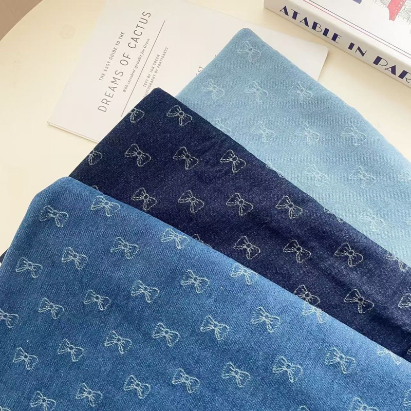 Washed Denim Bow Jacquard Denim Clothing Fabric Outwear Fabric Luggage Handmade DIY