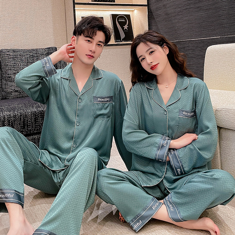 Pajamas men's spring and autumn models simple long-sleeved ice silk home clothes women's high-end couple trousers thin suit silk