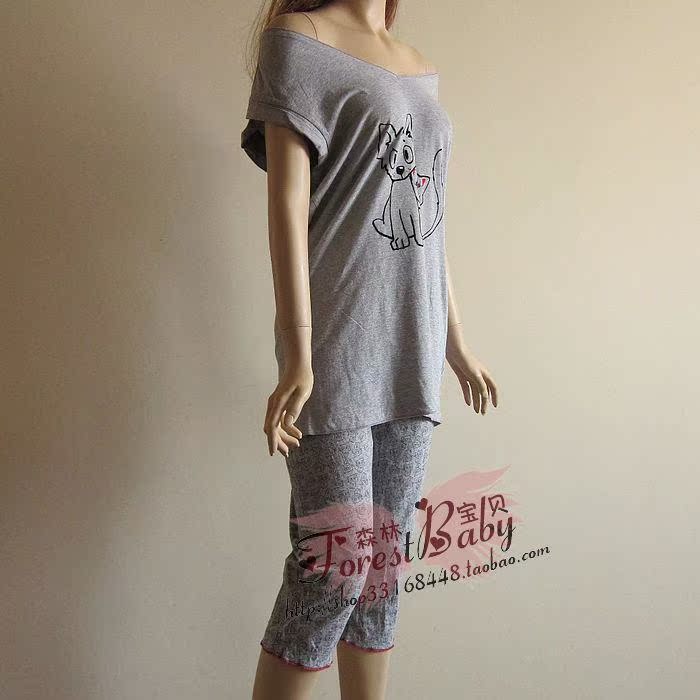 2 mảnh Mùa hè Bà Cartoon Word Off-Shoulder V-Cổ Cotton hai mảnh ngắn tay dài Vest nhà giản dị áo 2 dây nữ trơn