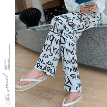 Letter Printed Snowspun Broadlegged Pants Woman Spring Summer Thin height waist pituality loose straight drum white casual drag pants