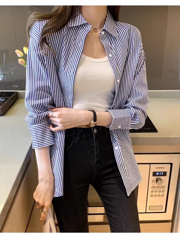 Pure Cotton Shirt for Women, Blue and White Striped Long-Sleeved Spring and Autumn New Style, Light Luxury and High-End Feel, Outerwear Top, French Style Shirt