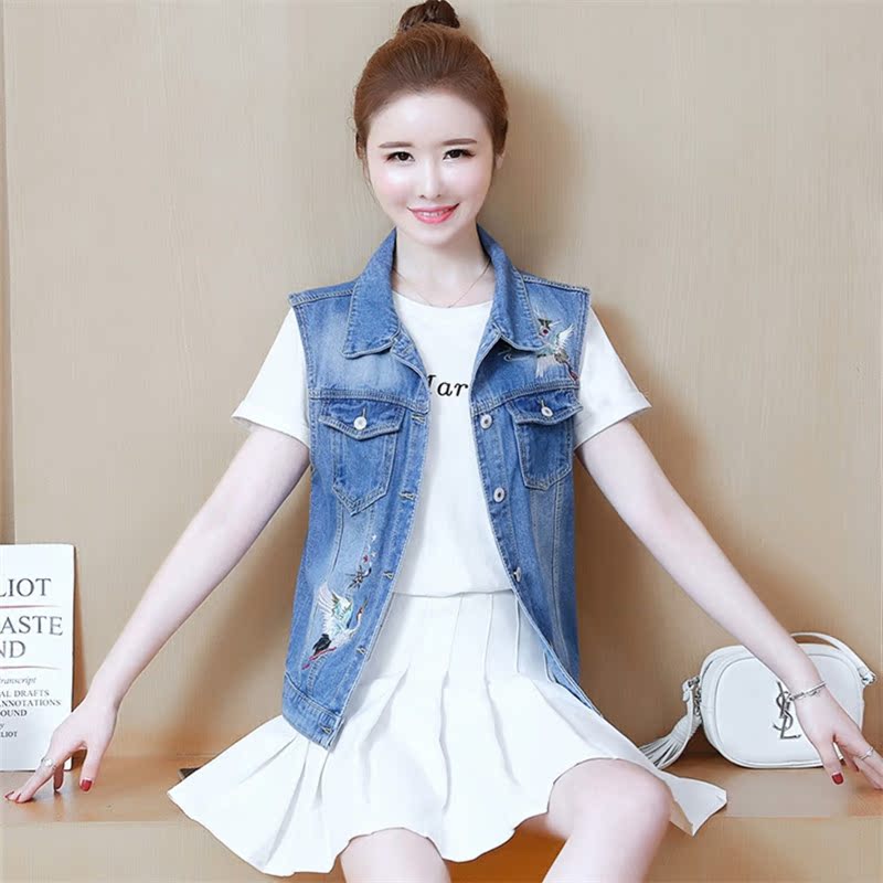 phiên bản Hàn Quốc mùa hè mới mùa xuân của phụ nữ trong những mã lớn thêu denim vest cơ thể-vai áo khoác ngắn ngựa Clip