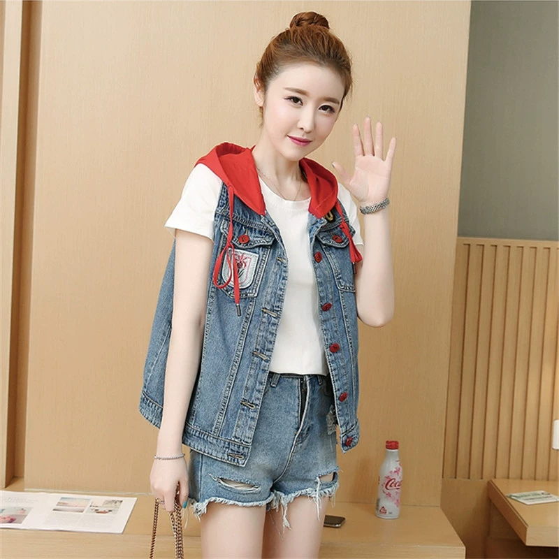 2020 Vest Hàn Quốc mới XL Phụ nữ mùa xuân và mùa thu Fat MM Áo trùm đầu denim Áo khoác ngắn Vest không tay - Áo vest