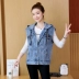 Năm 2020 mới của Hàn Quốc mùa xuân và mùa thu áo vest denim của phụ nữ áo vest ngắn có mũ trùm đầu cộng với áo vest cỡ lớn - Áo vest Áo vest