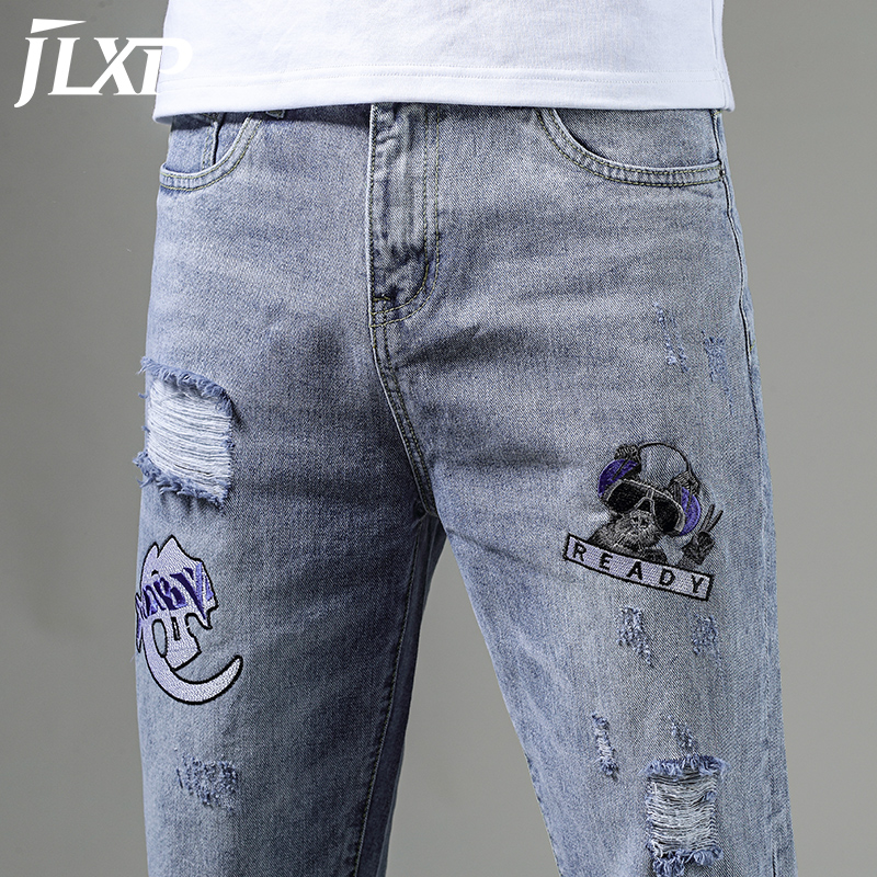 Cao cấp quần thêu nam Hàn Quốc phiên bản của xu hướng mùa hè quần jean lỗ thẳng quần denim thẻ thủy triều của nam giới lỏng lẻo của nam giới