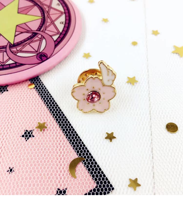 Huy hiệu Magic Sakura Kim loại dễ thương Nhật Bản Cô gái mềm mại Cô gái Trái tim Pin Trang sức Sinh viên Anime Trâm trâm hoa cài áo