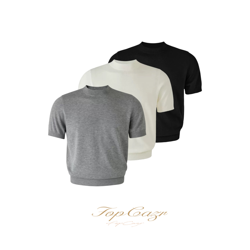 Fopcazr Faniiao Velvet Regular Shoulder Short-Sleeve T-Shirt with a Small High Collar, Solid Color Knit, 2026 Spring/Summer Men's