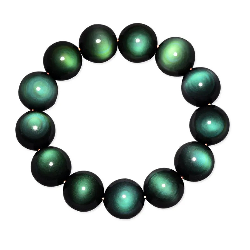 Collection-Grade Natural Rainbow-Eyed Obsidian Bracelet with Double Purple and Double Green Eyes