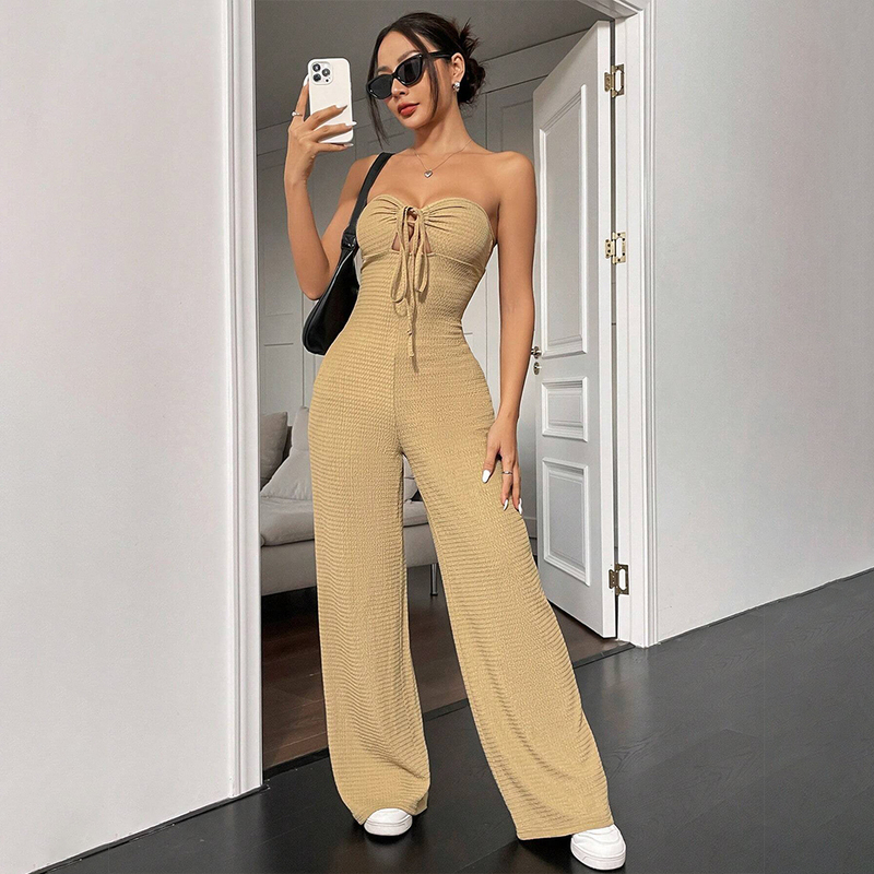 Versatile Outerwear Tube Top Jumpsuit with Lace-Up Sleeveless Design, Hollow-Out Jumpsuit, High-End Halter Neck Slimming Jumpsuit