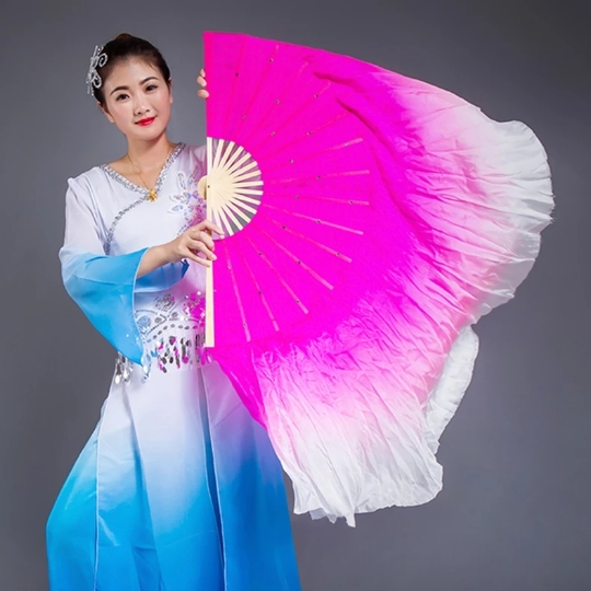 Buckwheat flower dance fan dance long silk double-sided adhesive state Yangko fan performance big fan gradient dance performance fan